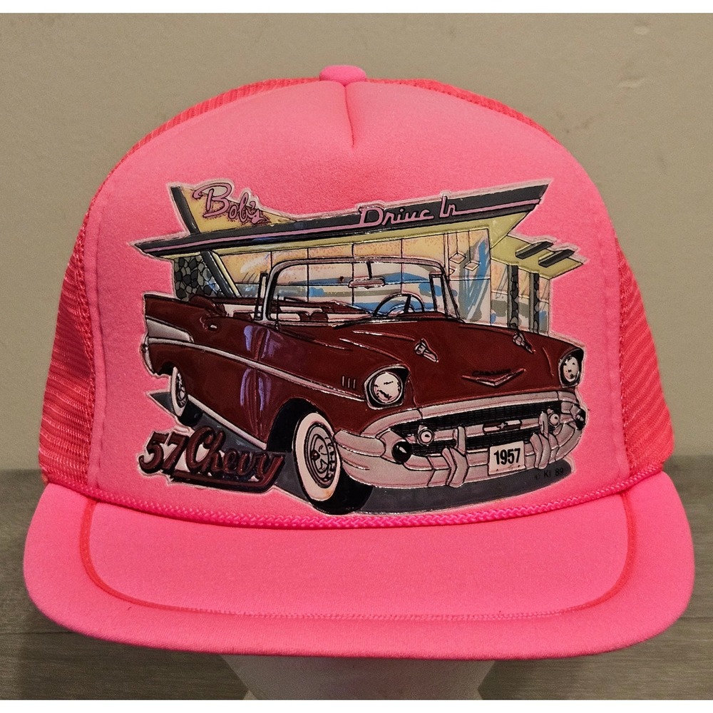 Autographix Neon Pink 57 Chevy Bobs Drive In Trucker Hat Snapback Cap Retro